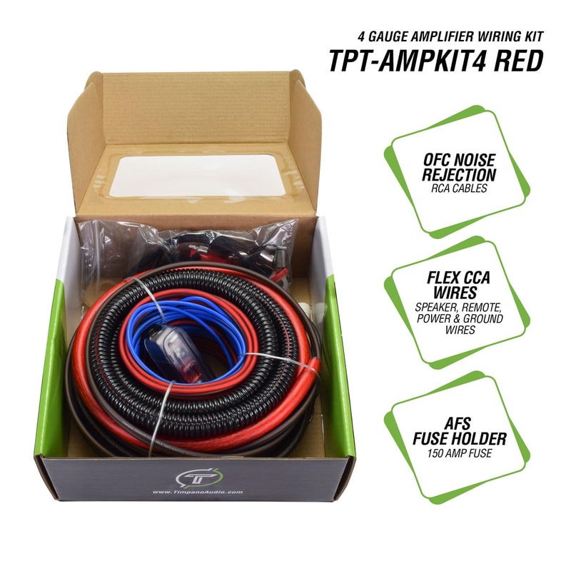 TIMPANO Amplifier Wiring Kit - 4 Gauge Amp Kit 2000 Watts Car Amplifier Installation CCA Cables Kit – 150 Amp Fuse Single Amp TPT-AMPKIT4 RED - Image 3